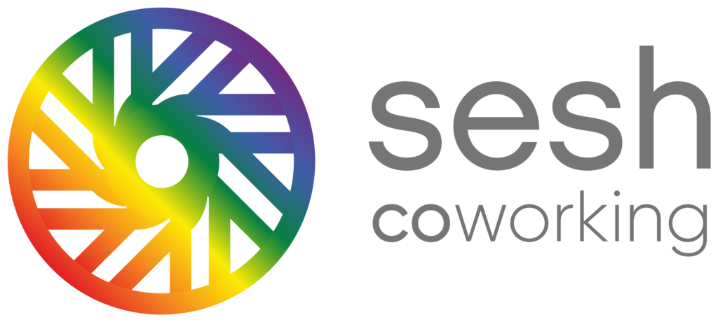 Sesh Coworking logo, rainbow wheel Midtown flexible workspace offices coworking Houston