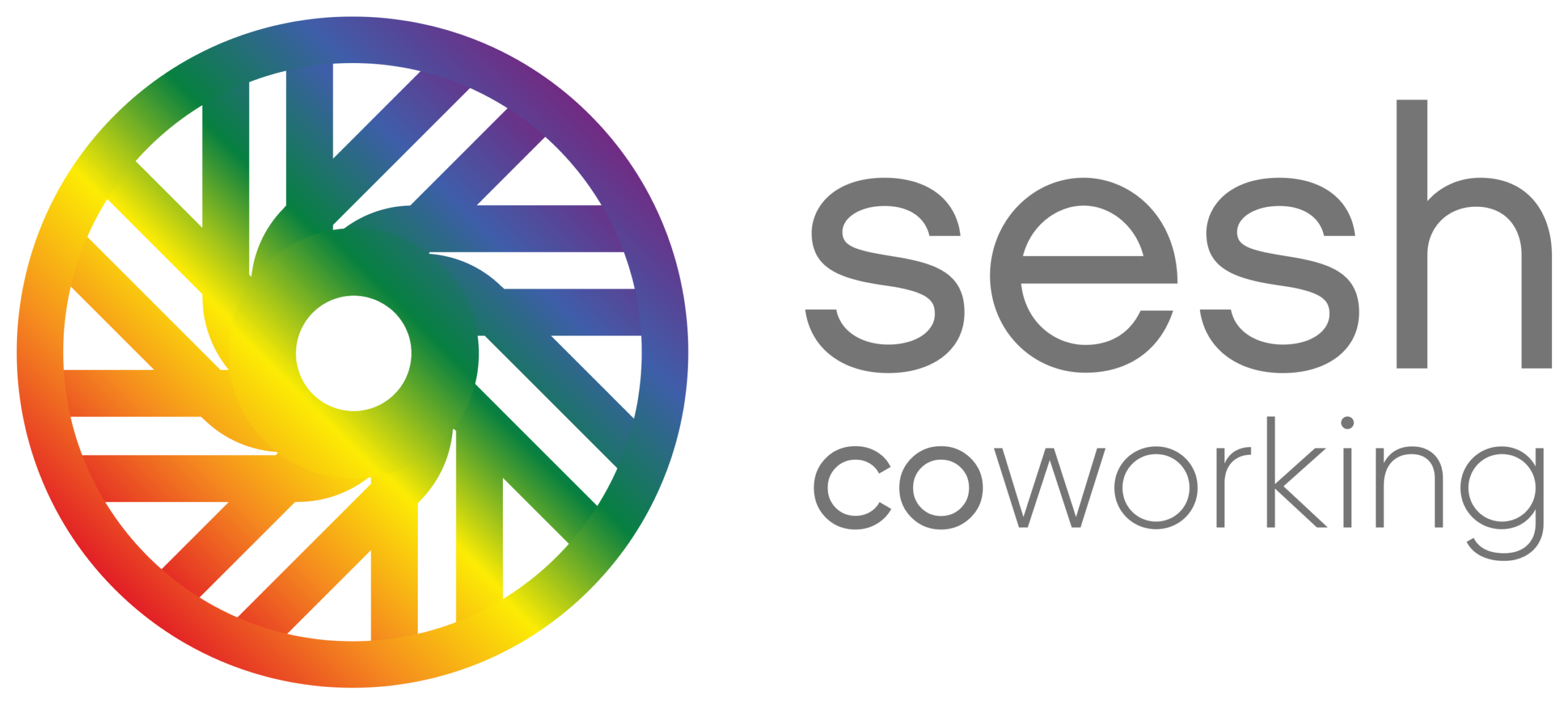 Sesh Coworking logo, rainbow wheel Midtown flexible workspace offices coworking Houston
