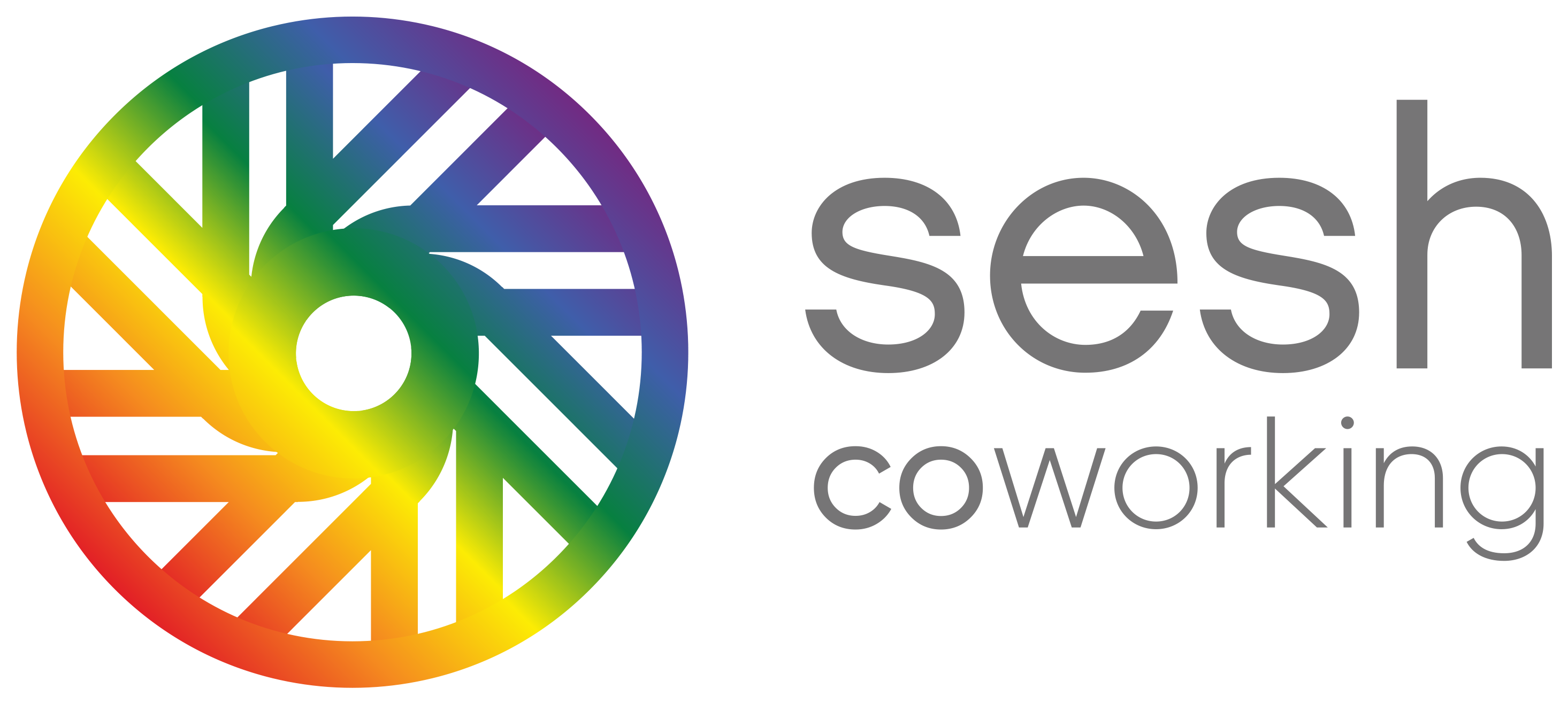 Sesh Coworking logo, rainbow wheel Midtown flexible workspace offices coworking Houston